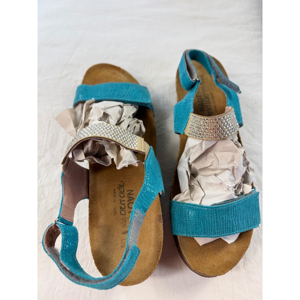 Naot Turquoise Leather Rhinestone Slingback Sandals Blue Cork Footbed‎ 41 L10 - Picture 5 of 8
